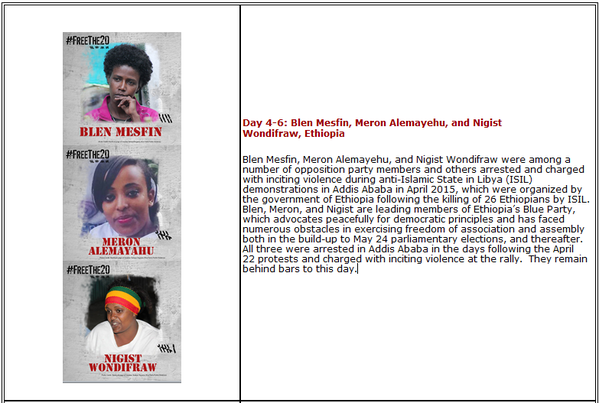 ሶስቱ የሰማያዊ ፓርቲ አባላት  ሴት የፖለቲካ እስረኞች በዓለም አቀፍ ደረጃ ዘመቻ እየተደረላቸው ነው