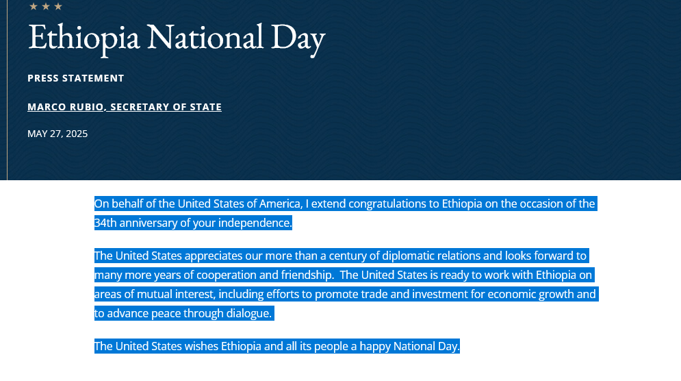 ህወሓት የግንቦት 20ን 34ኛ በዓል እያከበረ ይገኛል፤ አሜሪካ የመልካም ምኞት መልዕክት አስተላልፋለች